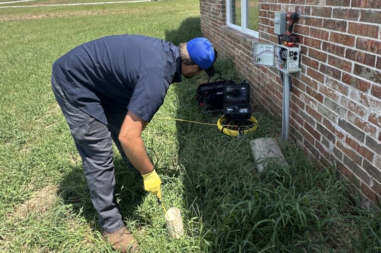 Cyclone Pro Services technician using a camera to inspect a sewer line | Cyclone Septic & Plumbing Cyclone Pro Services technician using a camera to inspect a sewer line