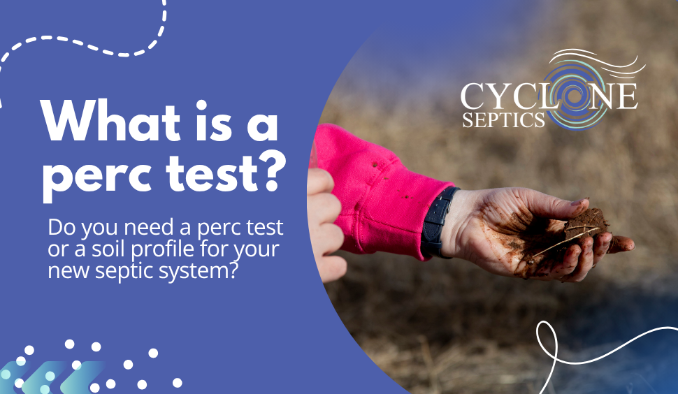 Hand holding soil during a septic system evaluation with the text "What is a perc test?"