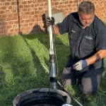 Cyclone Septics technician servicing an aerobic septic control panel in Arcadia, OK