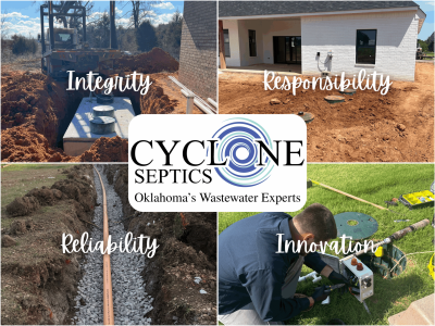 Cyclone Septics Core Values in Action Cyclone Septics’ core values—Integrity, Responsibility, Reliability, and Innovation—illustrated through real job site photos