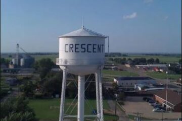 Crescent, Oklahoma water tower overlooking the town and surrounding farmland